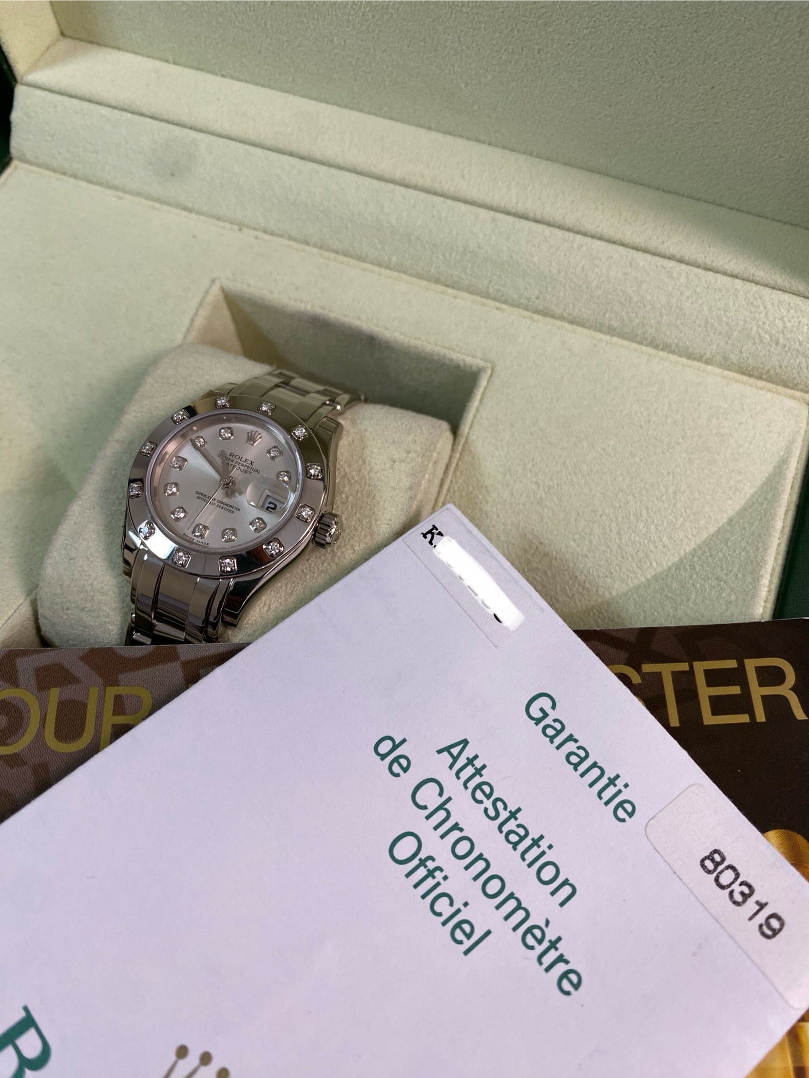 Rolex White Gold Lady-Datejust Pearlmaster- K serial - 12 Diamond Bezel - Silver Diamond Dial - 80319