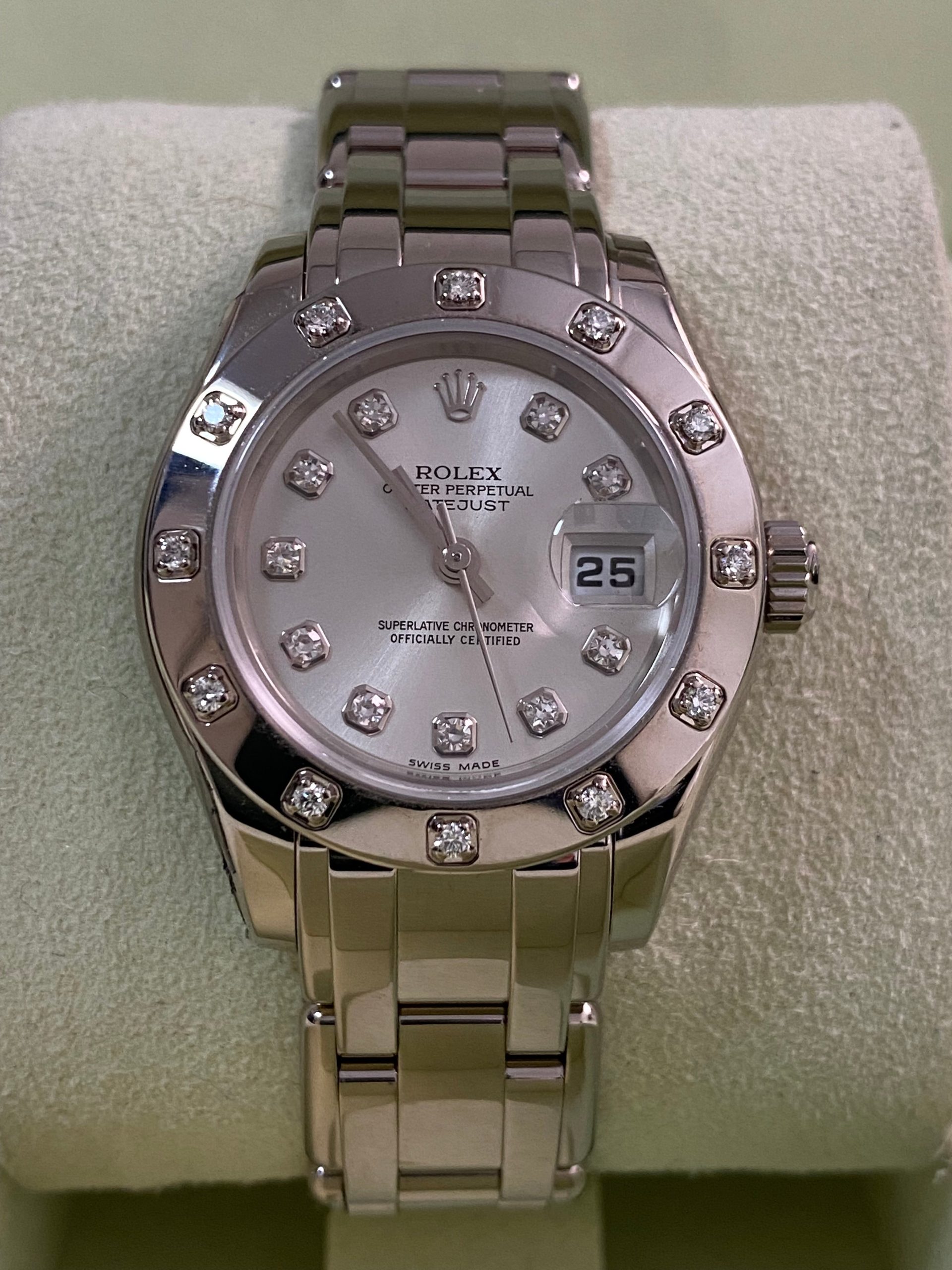Rolex White Gold Lady-Datejust Pearlmaster- K serial - 12 Diamond Bezel - Silver Diamond Dial - 80319