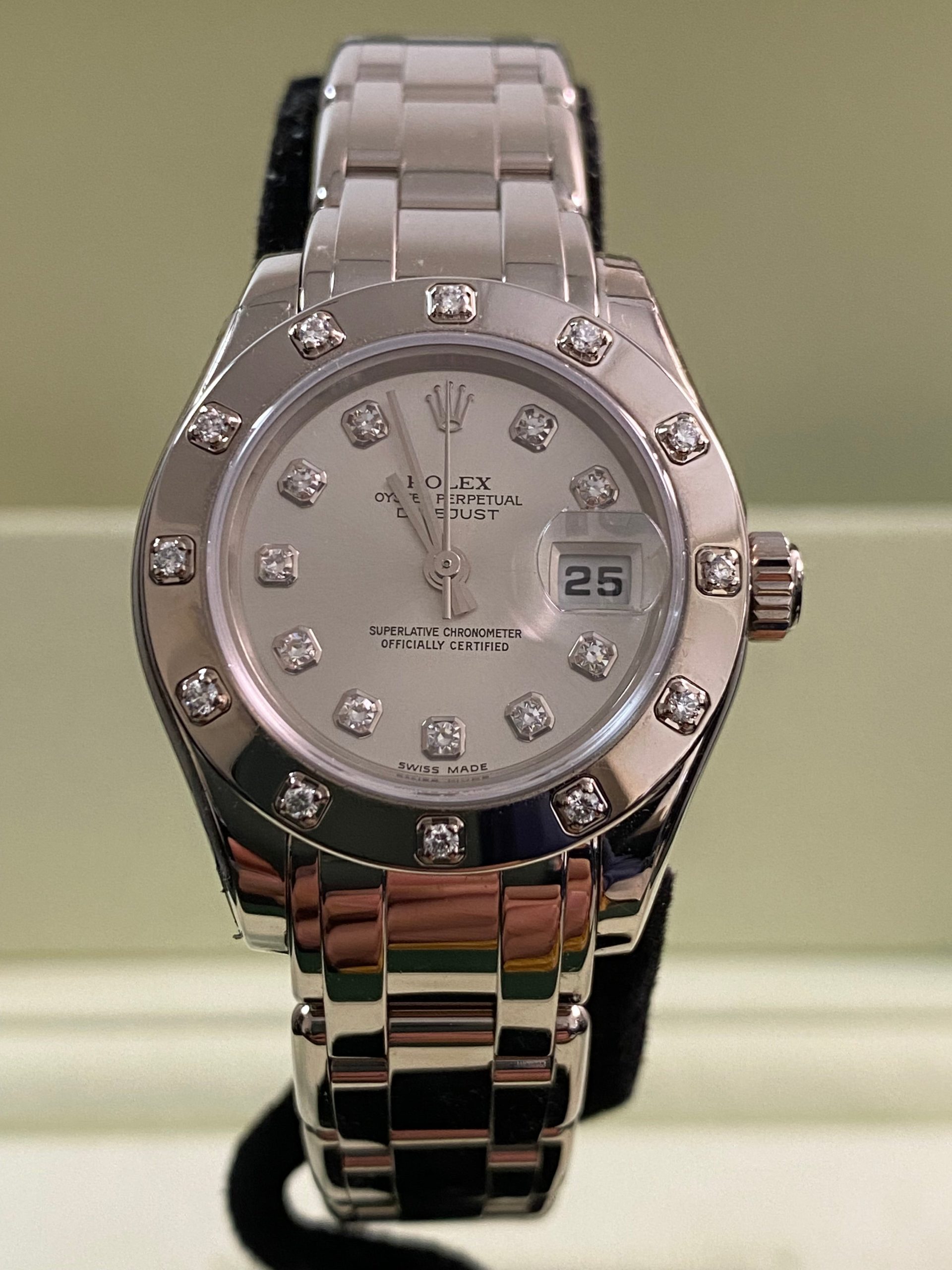 Rolex White Gold Lady-Datejust Pearlmaster- K serial - 12 Diamond Bezel - Silver Diamond Dial - 80319