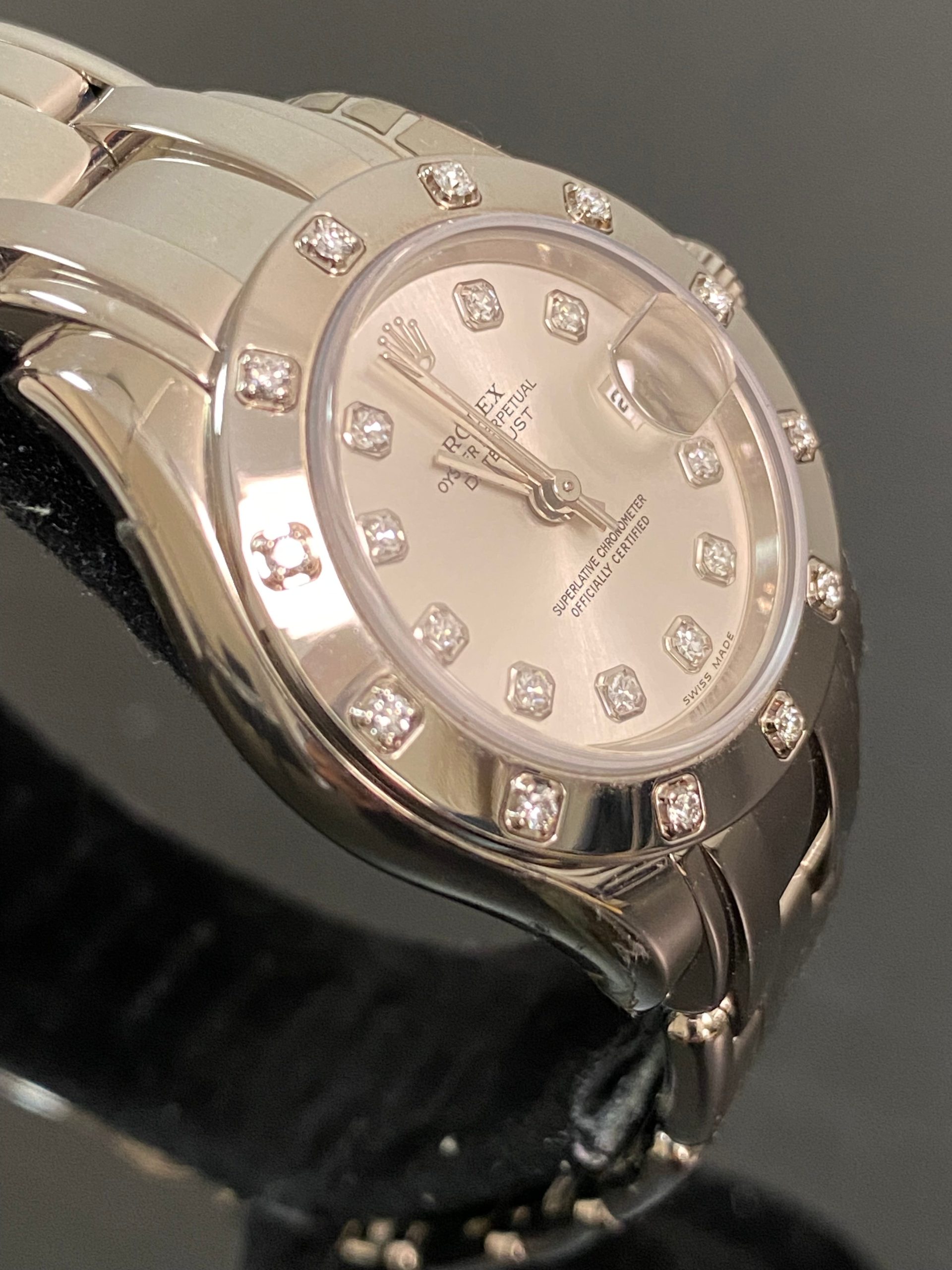 Rolex White Gold Lady-Datejust Pearlmaster- K serial - 12 Diamond Bezel - Silver Diamond Dial - 80319