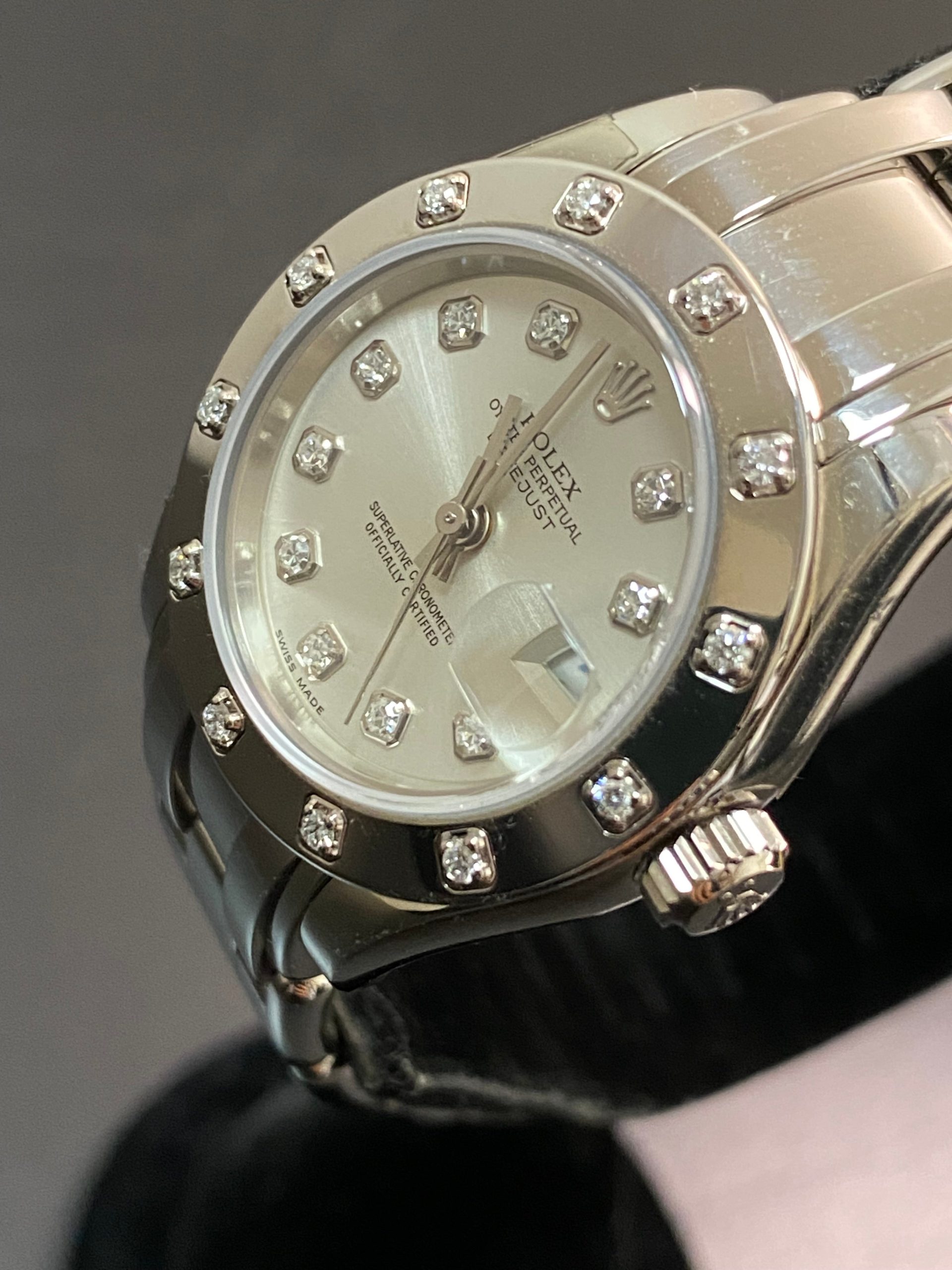 Rolex White Gold Lady-Datejust Pearlmaster- K serial - 12 Diamond Bezel - Silver Diamond Dial - 80319
