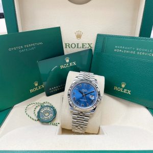 2025 Rolex Datejust 41 Steel / Fluted / Azzurro Blue / Roman / Jubilee unworn brand new complete set with both tags